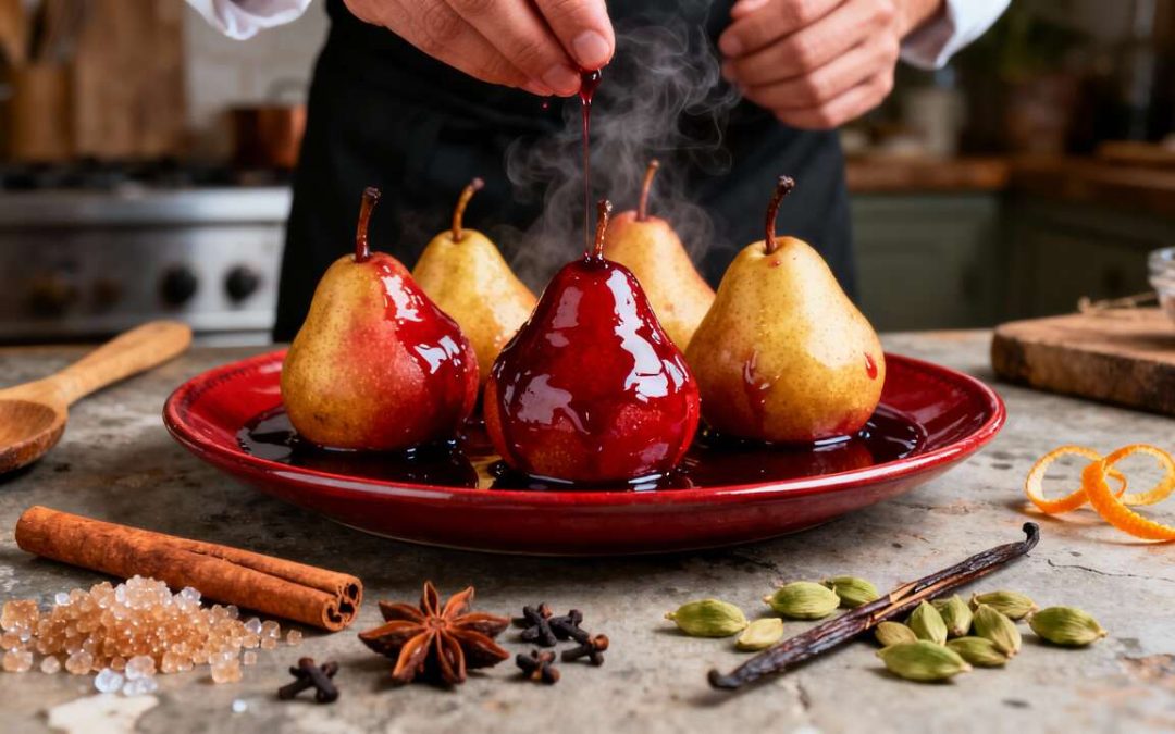 Poires pochées au vin rouge et épices