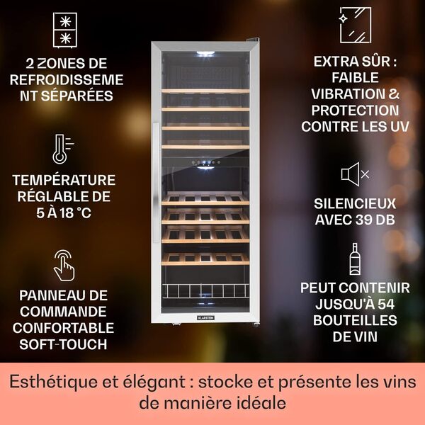 Klarstein Cave à vin 19 bouteilles, cave de service avec étagères en bois amovibles, porte en verre, commande tactile, écran LCD, éclairage intérieur, temp de 5 à 18°C, cave a vin veillissement, Noir [Classe énergétique G]