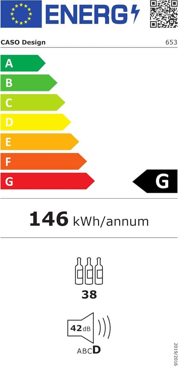 Caso WineComfort 38 black Cave à vin pour 38 bouteilles, 2 zones réglables à 5-20 °C, tactile, éclairage LED, verre filtrant UV, noir [Classe énergétique F]