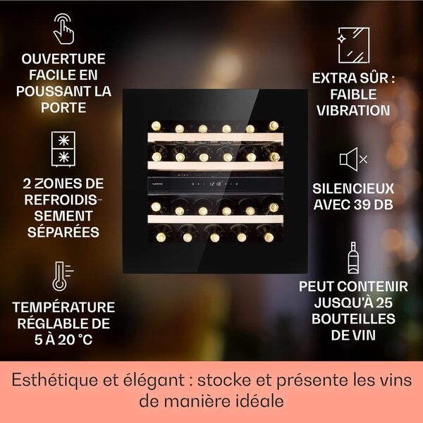 Klarstein Cave a Vin, Réfrigérateur à Vin avec Porte en Verre, Cave à Vin de Vieillissement, Double Zone, Prosecco, Bière, Ecran Tactile, Réfrigérateur Bar, Frigo, Protection UV, 5-20°C, 25 Bouteilles [Classe énergétique G]