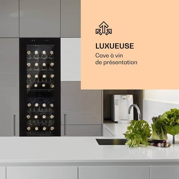 Klarstein Cave a Vin, Réfrigérateur à Vin avec Porte en Verre, Cave à Vin de Vieillissement, Double Zone, Prosecco, Bière, Ecran Tactile, Réfrigérateur Bar, Frigo, Protection UV, 5-18°C, 39 Bouteilles [Classe énergétique G]