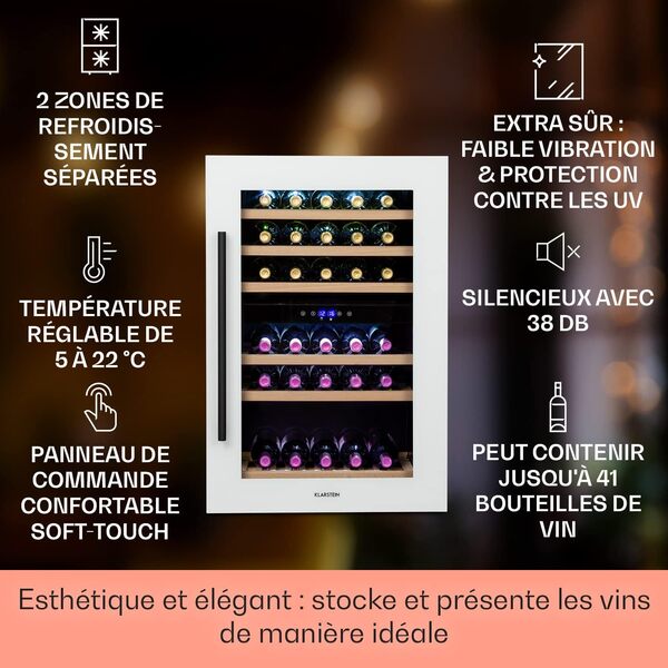 Klarstein Cave a Vin Encastrable, Caves à Vin de 132L avec une Porte en Verre, Cave a Vins à Double Zone, Bar Intérieur/Extérieur, Frigo Vin, Cave a Vin de Vieillissement, Cave à Vin 41 Bouteilles [Classe énergétique G]