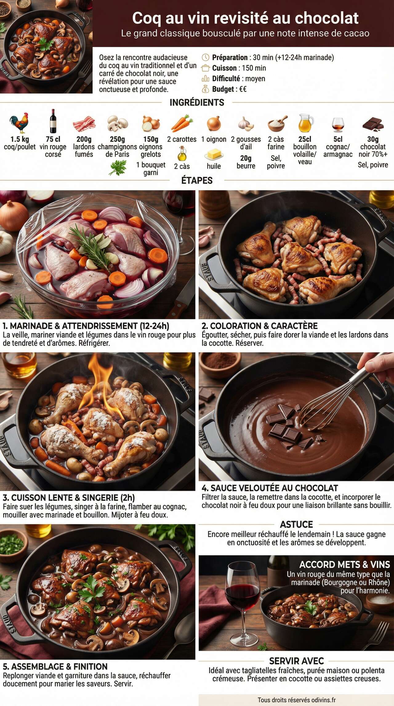 Fiche recette Coq au vin revisit&eacute; au chocolat