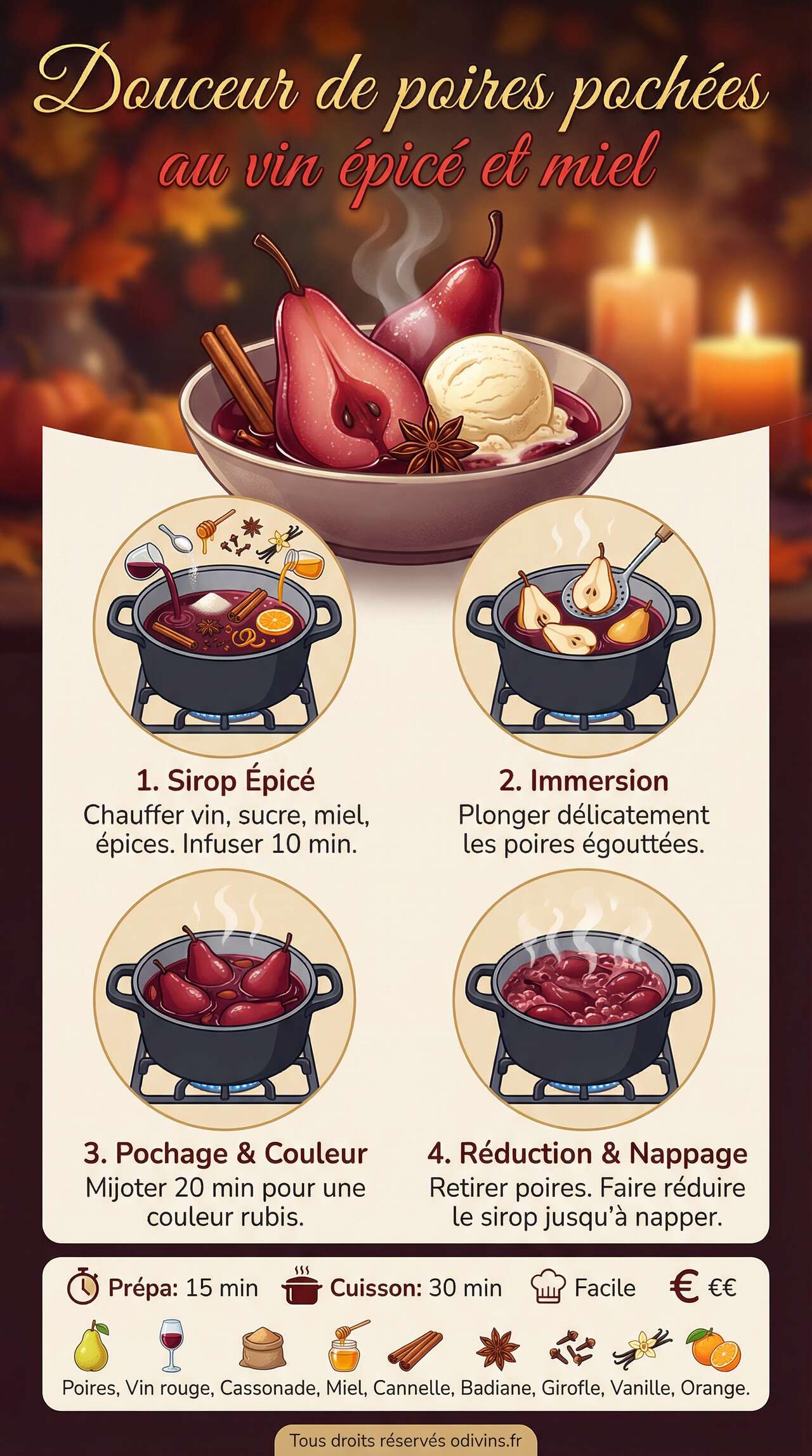 Fiche recette Douceur de poires pochées au vin épicé et miel Fiche recette Douceur de poires pochées au vin épicé et miel