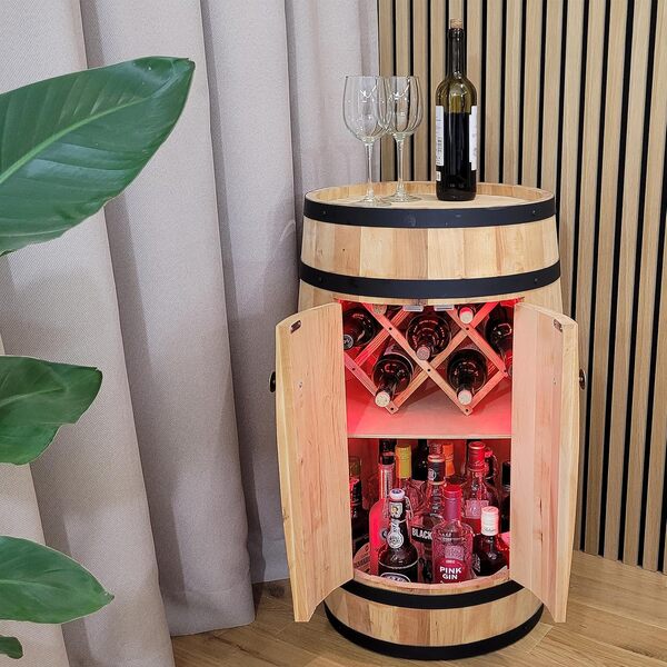 weeco Tonneau Bar en Bois avec Portes et Éclairage LED RGB – Meuble Bar Rustique avec Casier à Vin Pliable – Armoire à Bouteilles 80x50cm Couleur chêne Clair