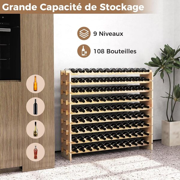 GOPLUS Casier à Bouteilles pour 108 Bouteilles, Range Bouteille Vin avec 9 Étagères, Porte Bouteille en Bois Massif pour Bars, sous-sols, 119 x 29 x 108CM, Bois Naturel