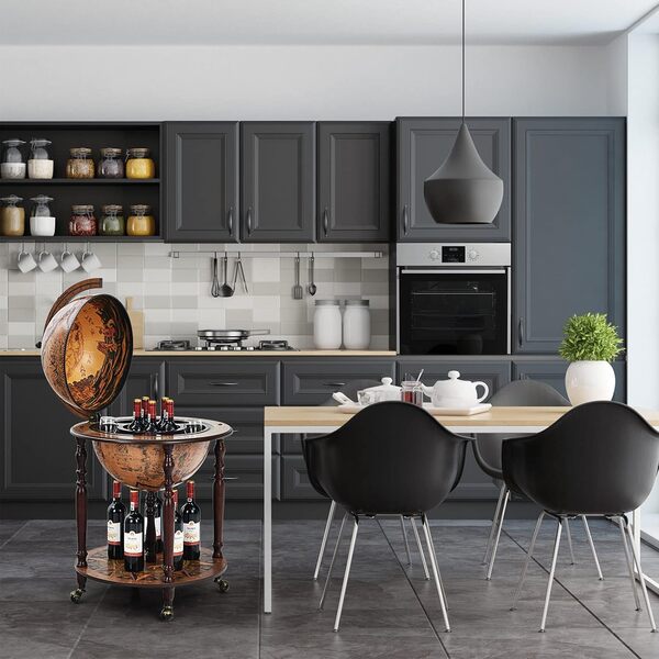 KOMFOTTEU Porte-bouteilles de Vin avec Roulettes et Étagère, Globe Bar en Bois, Chariot Mini Bar Style Classique, 60,5 x 60,5 x 95,5 cm, Capacité 25 kg