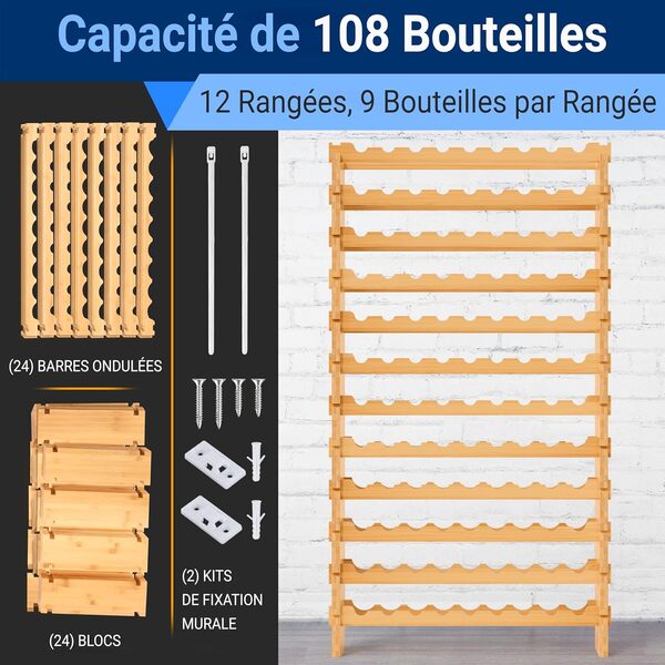 NutriChef Casier à Bouteilles- Range Bouteille Vin Empilable en Bambou, 12 Niveaux- Rangement Bouteille avec Capacité de 108 Bouteilles, Assemblage sans Outils, Casier à Vin pour Cuisine et Cave
