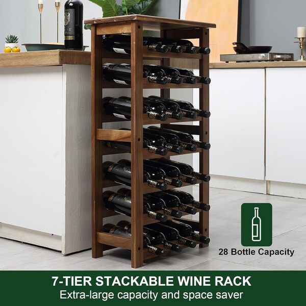 everous Casier à vin en bois, étagère de rangement pour 7 pneus, support pour 28 bouteilles, présentoir autonome pour cuisine, garde-manger, cave, casier à vin naturel sur pied