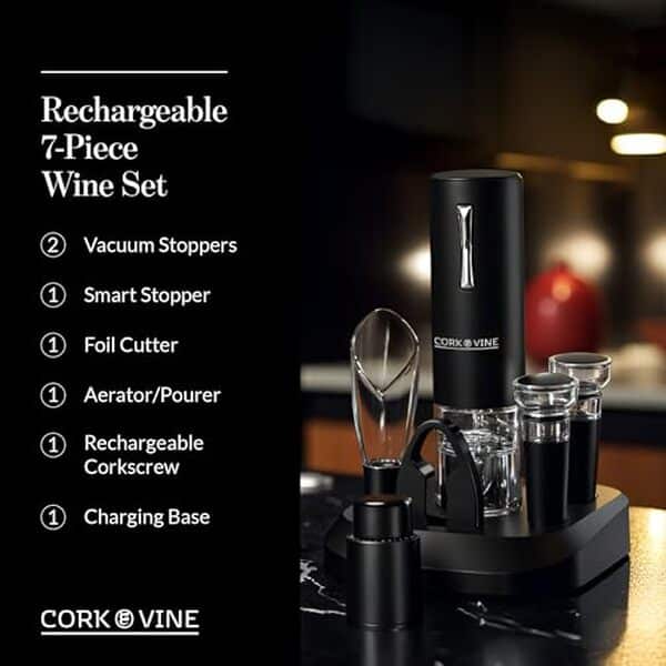 Découvrez notre test du cork & vine : ensemble tire-bouchon électrique rechargeable avec accessoires, alliant innovation et praticité pour une expérience de dégustation optimale.