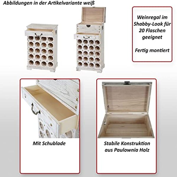 Découvrez l'élégance de l'étagère à vin Lucan Mendler : un style shabby chic pour accueillir 20 bouteilles avec raffinement et praticité